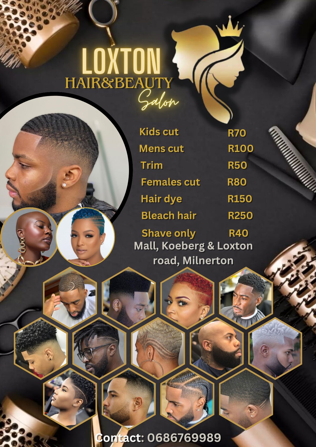 Loxton Hair and Beauty Salon barber price list poster with cuts, dye, bleach and shave prices