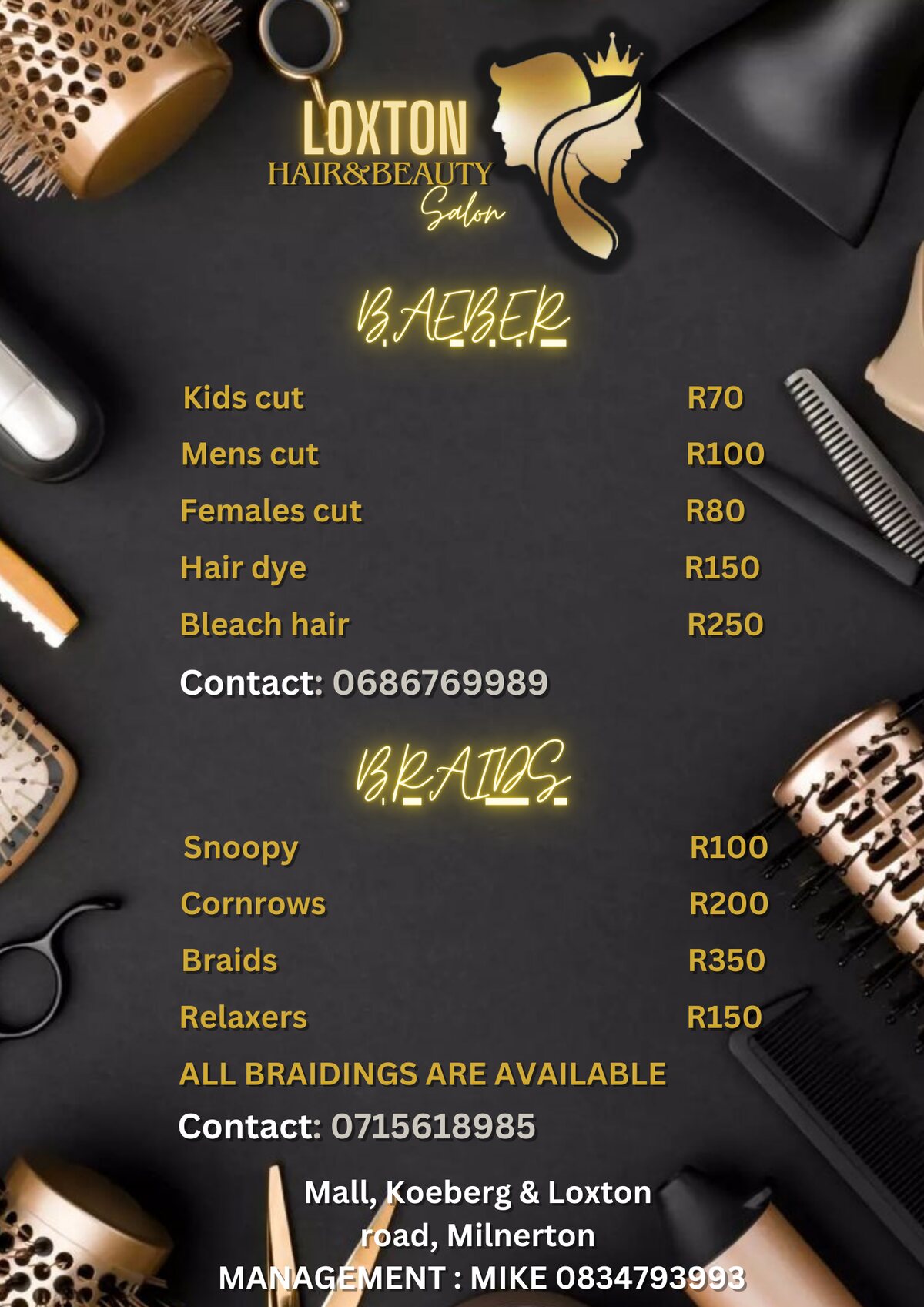 Loxton Hair and Beauty Salon braids price list poster with snoopy, cornrows, braids and relaxer prices